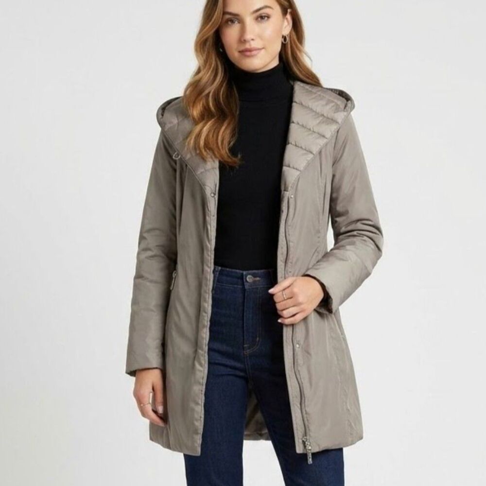 Tahari Quilted Mocha Lightweight Puffer Hooded Knee Length Jacket Coat SZ M